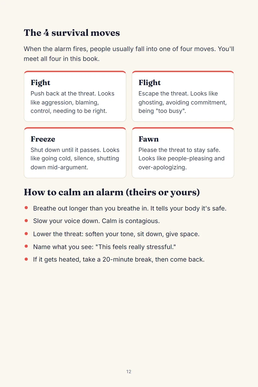 Book page 12: The 4 survival moves, fight, flight, freeze and fawn, and how to calm an alarm.