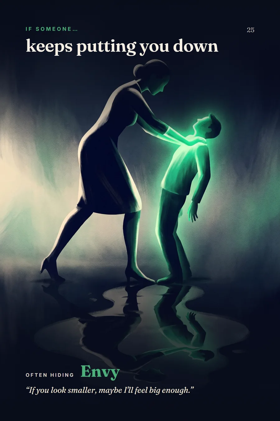 Book page 71: an illustration titled “If someone… keeps putting you down”. A woman pushes a smaller, green-glowing man down. Caption: Often hiding Envy. “If you look smaller, maybe I'll feel big enough.”