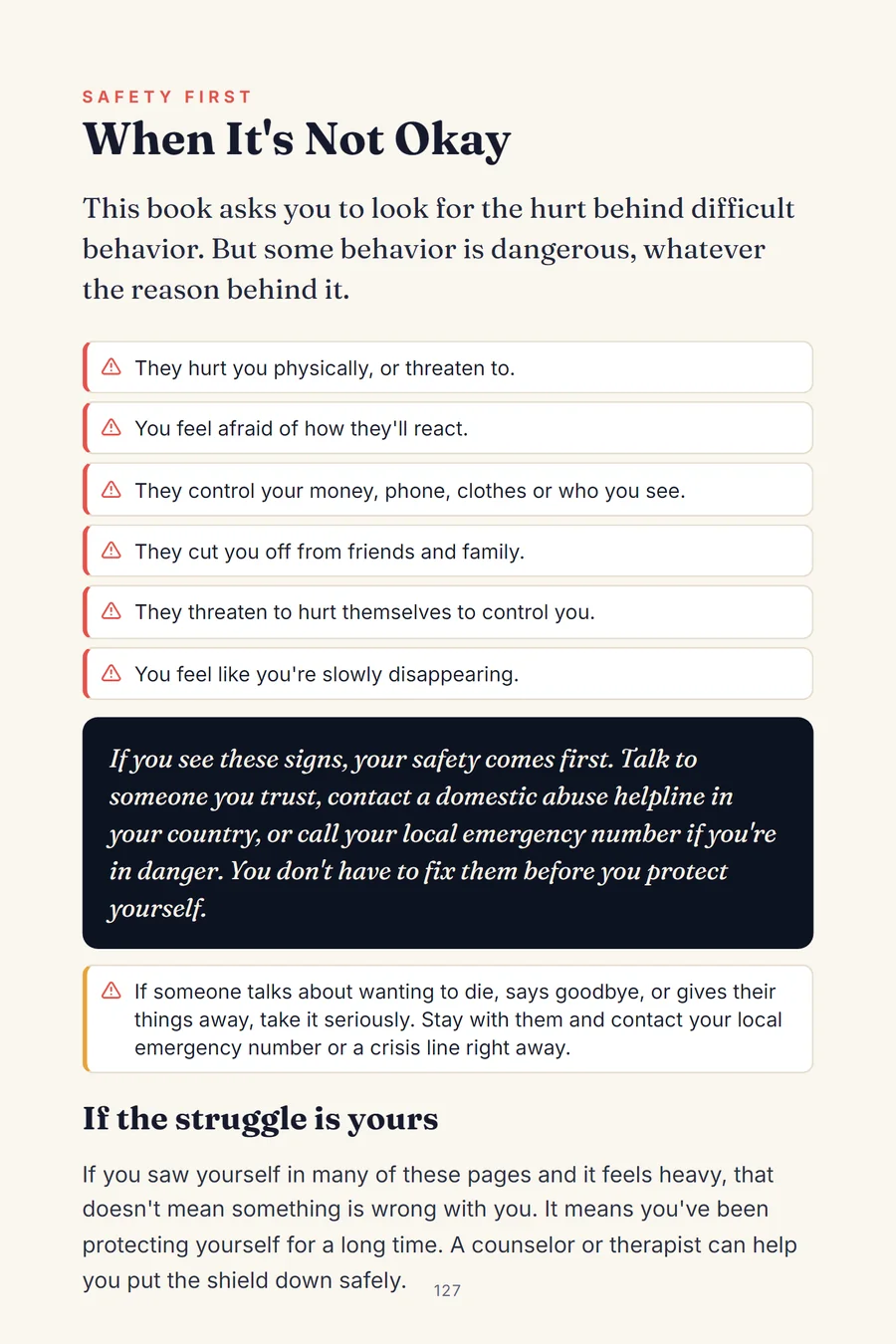 Book page 127: When It's Not Okay. Six red flags, and the advice that your safety comes first.