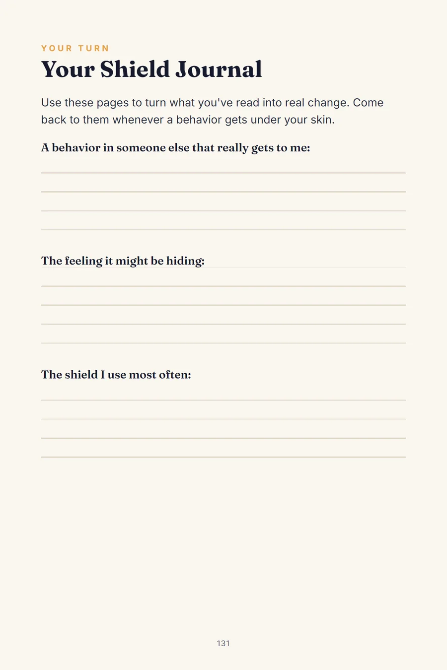 Book page 131: Your Shield Journal, with writing prompts and lines.