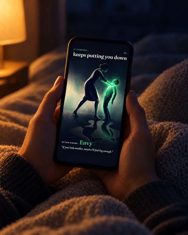 Hands holding a phone in bed under a warm lamp. On screen is page 71 of the book: keeps putting you down, often hiding Envy.